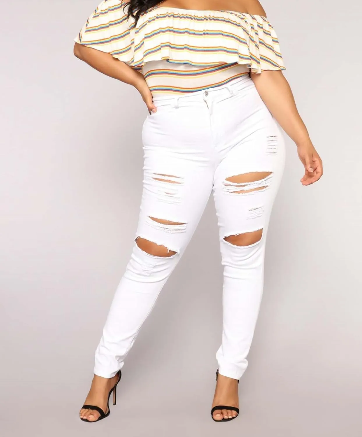 High Waisted White Ripped Jeans for Women Stretch Butt Lifting Distressed Jean Skinny Jeggings