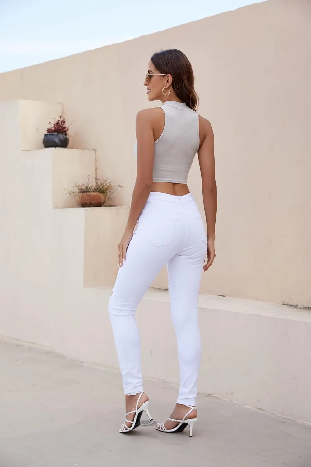 High Waisted White Ripped Jeans for Women Stretch Butt Lifting Distressed Jean Skinny Jeggings