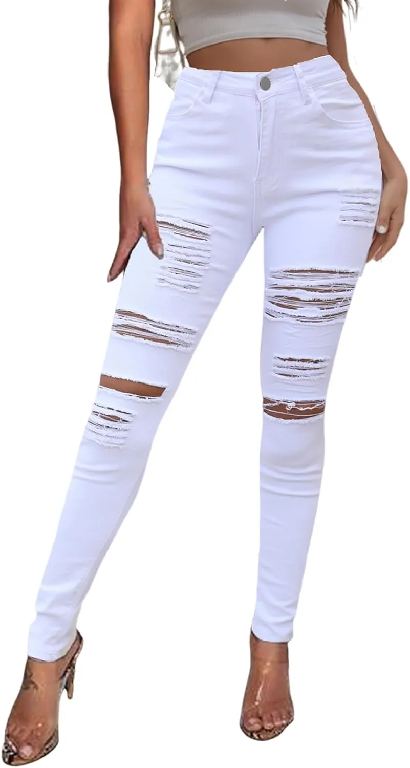High Waisted White Ripped Jeans for Women Stretch Butt Lifting Distressed Jean Skinny Jeggings