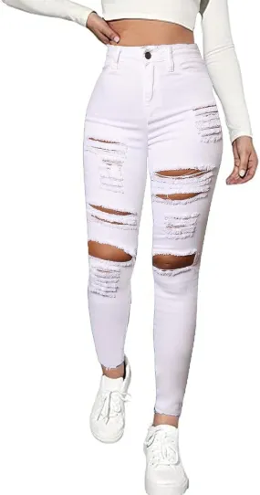 High Waisted White Ripped Jeans for Women Stretch Butt Lifting Distressed Jean Skinny Jeggings