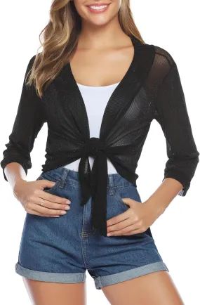 iClosam Womens Sheer Shrug Tie Front 3/4 Sleeve Cropped Bolero Cardigan