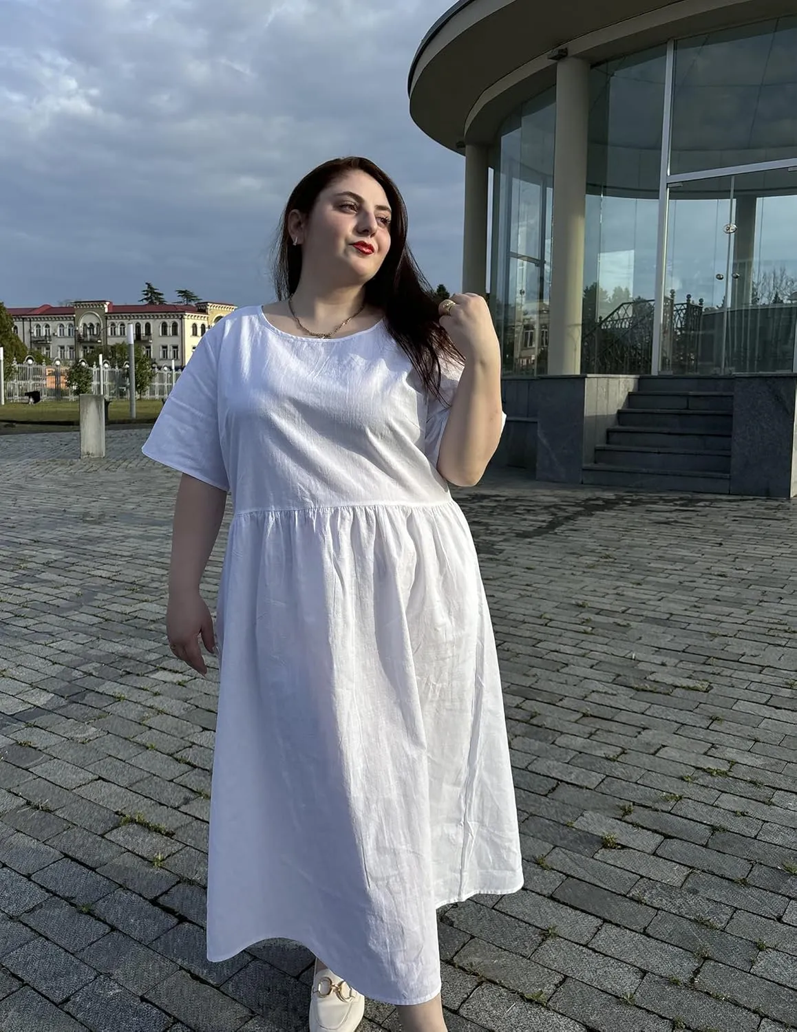 IN'VOLAND Plus Size Cotton Linen Dresses for Women Short Sleeve Summer Midi Dress with Pockets
