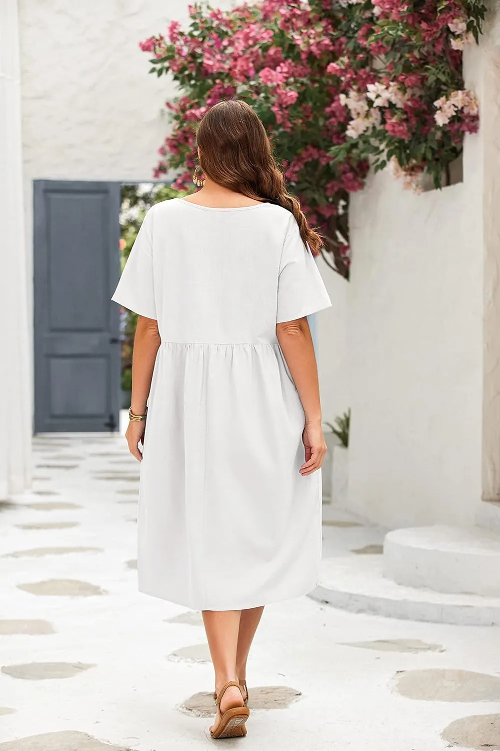 IN'VOLAND Plus Size Cotton Linen Dresses for Women Short Sleeve Summer Midi Dress with Pockets