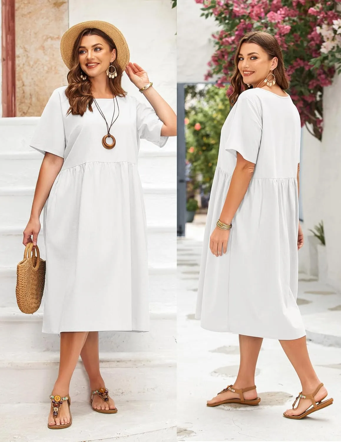 IN'VOLAND Plus Size Cotton Linen Dresses for Women Short Sleeve Summer Midi Dress with Pockets