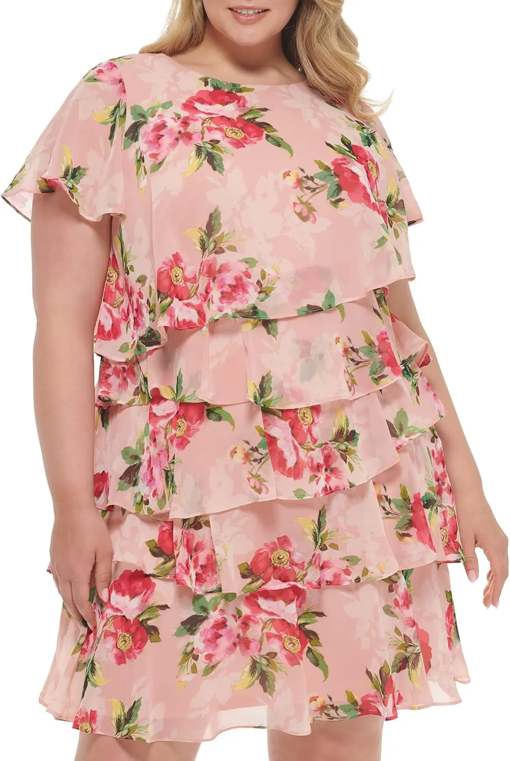 Jessica Howard Women's Floral Ruffle Chiffon Mini Shift Dress