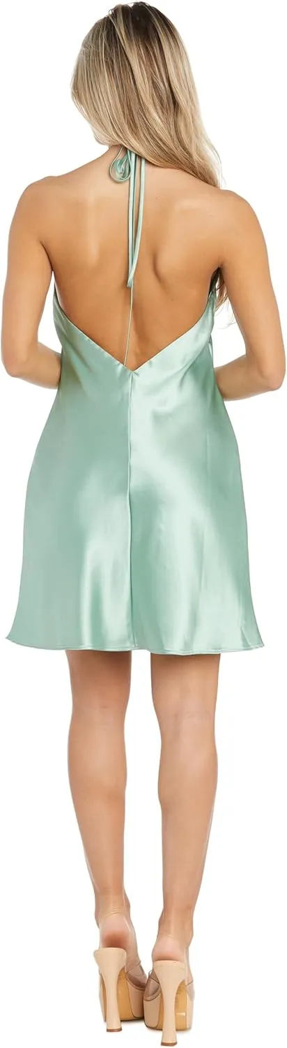Juniors Mini Halter Satin Dress W/Low Scoop Back