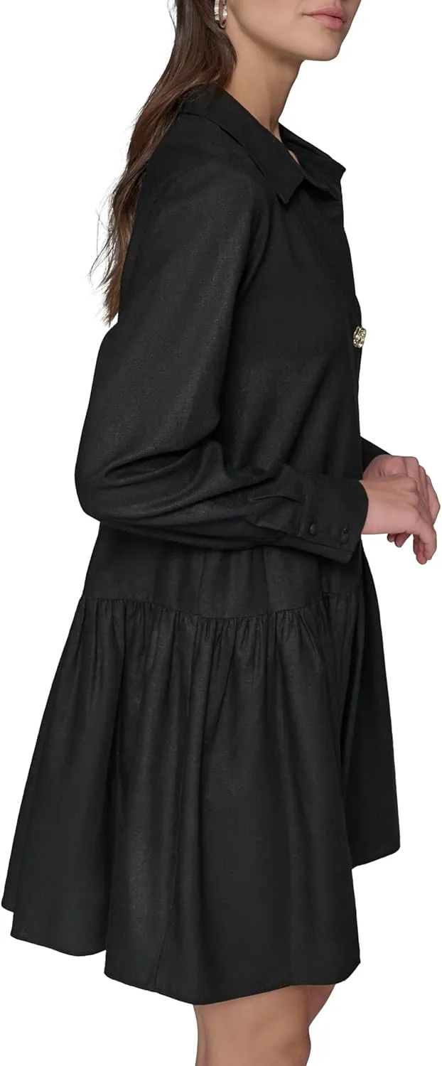 KARL LAGERFELD Women's Gathered Flounce Linen Longer Sleeved Shirt Dress