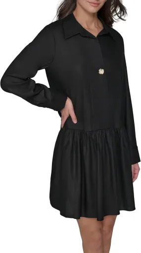 KARL LAGERFELD Women's Gathered Flounce Linen Longer Sleeved Shirt Dress
