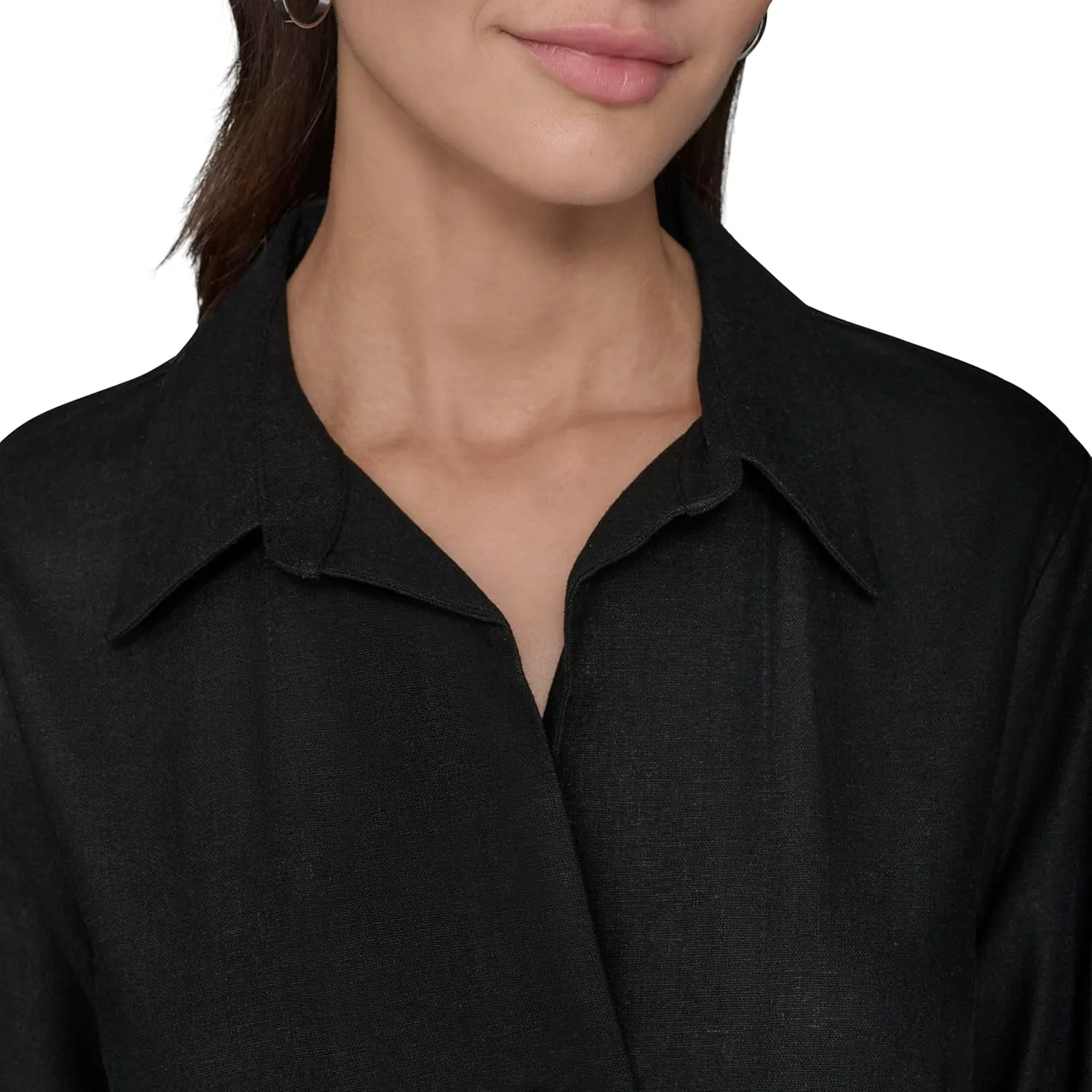 KARL LAGERFELD Women's Gathered Flounce Linen Longer Sleeved Shirt Dress