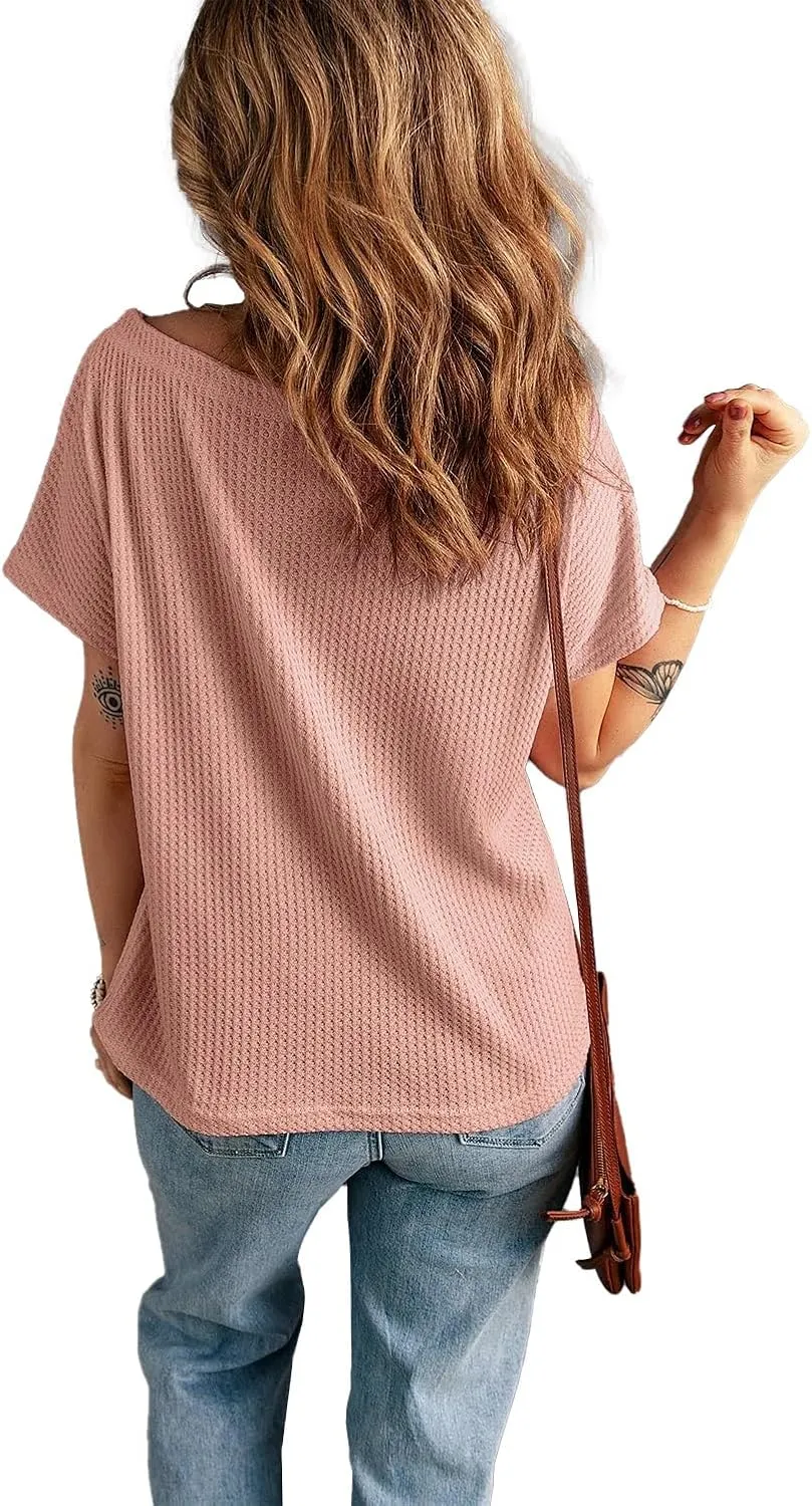 KINLONSAIR Women's Waffle Short Sleeve T Shirt Casual Loose Boat Neck Summer Tee Tops