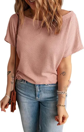 KINLONSAIR Women's Waffle Short Sleeve T Shirt Casual Loose Boat Neck Summer Tee Tops