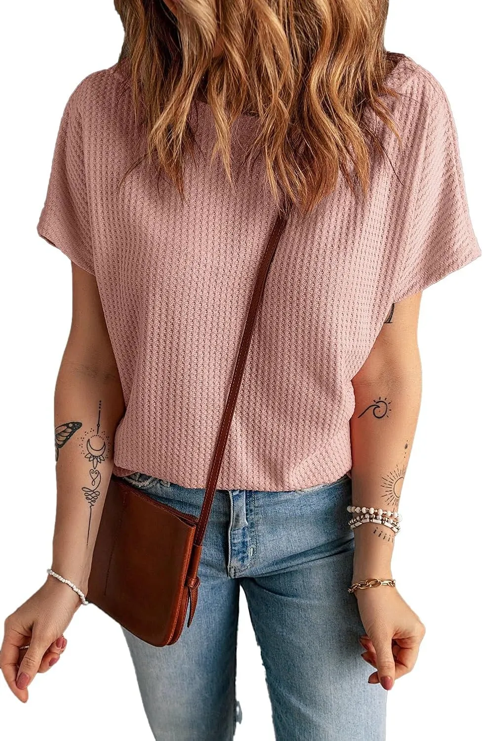 KINLONSAIR Women's Waffle Short Sleeve T Shirt Casual Loose Boat Neck Summer Tee Tops