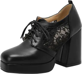 KISSASA Womens Square Toe Heeled Booties Lace Up Oxford Platform Heels Summer Ankle Boots