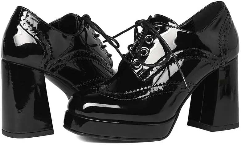 KISSASA Womens Square Toe Heeled Booties Lace Up Oxford Platform Heels Summer Ankle Boots