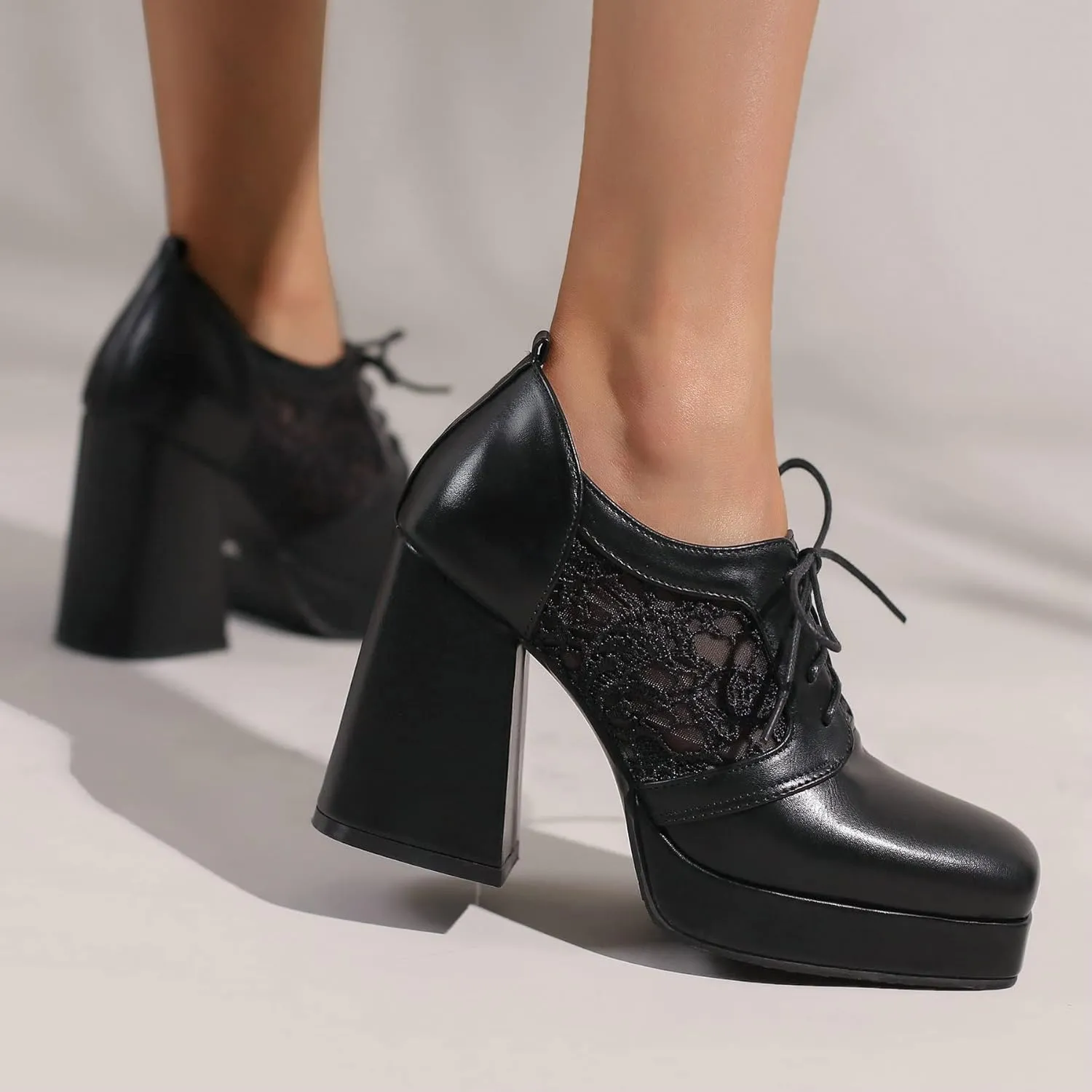 KISSASA Womens Square Toe Heeled Booties Lace Up Oxford Platform Heels Summer Ankle Boots