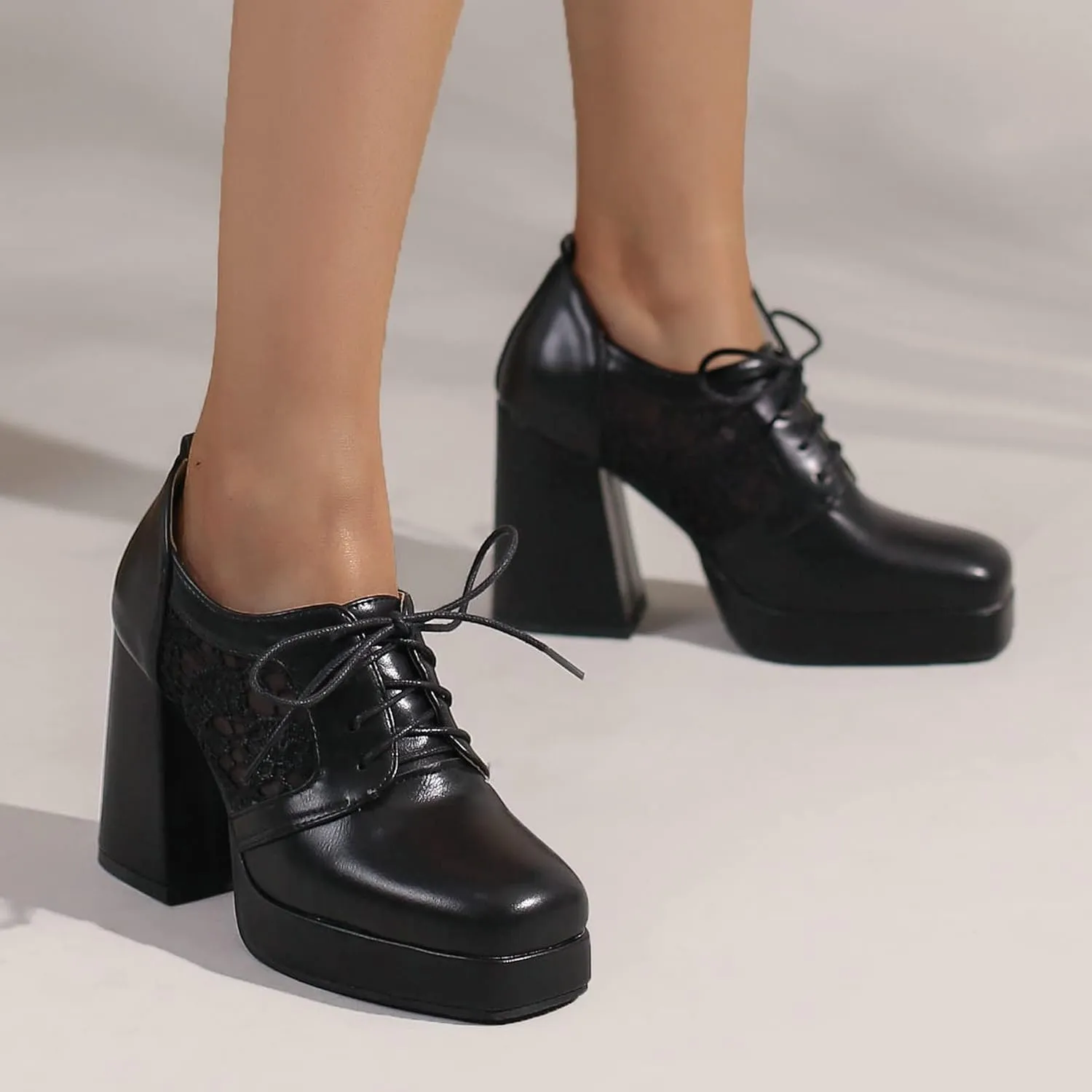 KISSASA Womens Square Toe Heeled Booties Lace Up Oxford Platform Heels Summer Ankle Boots