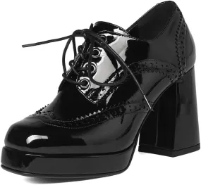 KISSASA Womens Square Toe Heeled Booties Lace Up Oxford Platform Heels Summer Ankle Boots