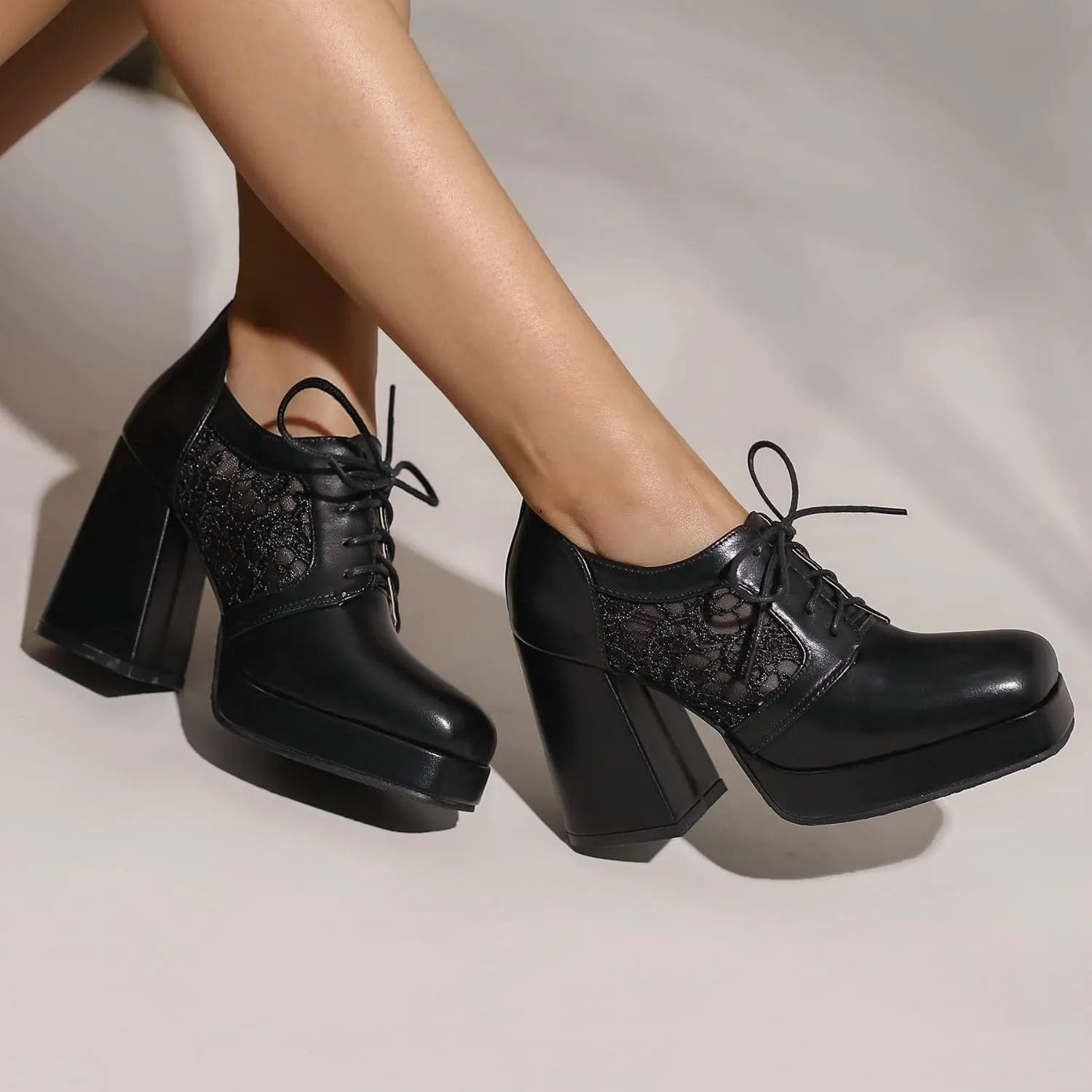 KISSASA Womens Square Toe Heeled Booties Lace Up Oxford Platform Heels Summer Ankle Boots