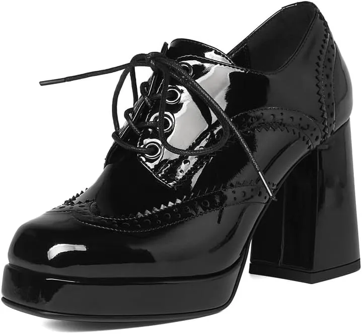 KISSASA Womens Square Toe Heeled Booties Lace Up Oxford Platform Heels Summer Ankle Boots