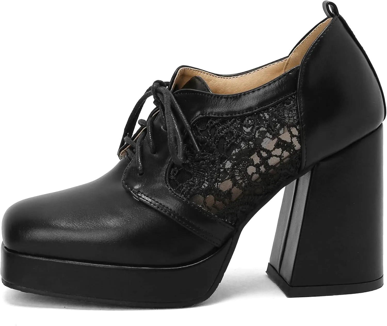 KISSASA Womens Square Toe Heeled Booties Lace Up Oxford Platform Heels Summer Ankle Boots