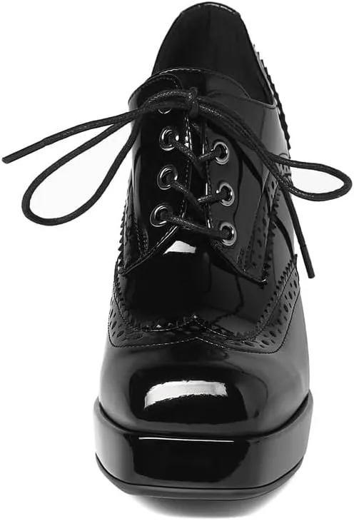 KISSASA Womens Square Toe Heeled Booties Lace Up Oxford Platform Heels Summer Ankle Boots