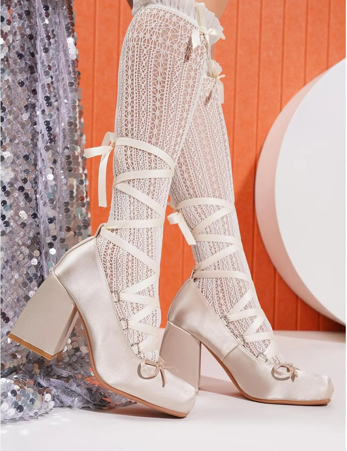 KOKOMOMO Womens Cute Goth Lolita Cosplay Shoes Bow Mary Jane Platform Satin Heels Lace Up Chunky Heel Pumps