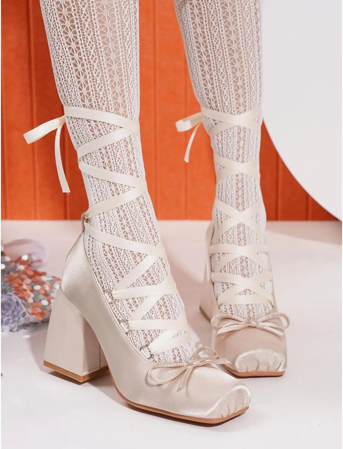 KOKOMOMO Womens Cute Goth Lolita Cosplay Shoes Bow Mary Jane Platform Satin Heels Lace Up Chunky Heel Pumps