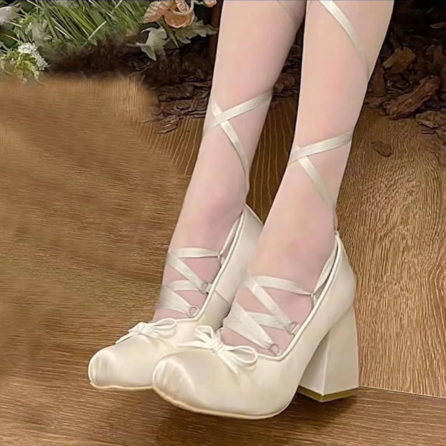 KOKOMOMO Womens Cute Goth Lolita Cosplay Shoes Bow Mary Jane Platform Satin Heels Lace Up Chunky Heel Pumps