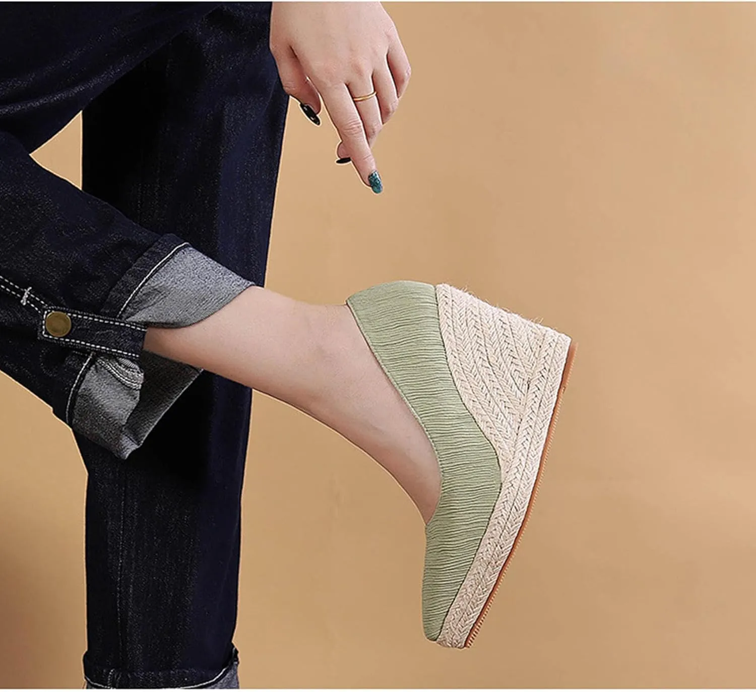 KOKOMOMO Womens Pointed Toe Espadrille Wedges Faux Suede Platform Pumps