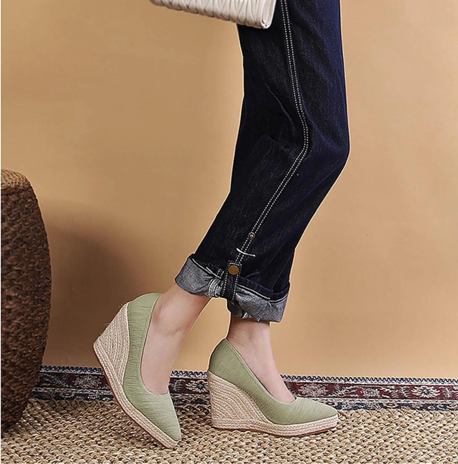 KOKOMOMO Womens Pointed Toe Espadrille Wedges Faux Suede Platform Pumps