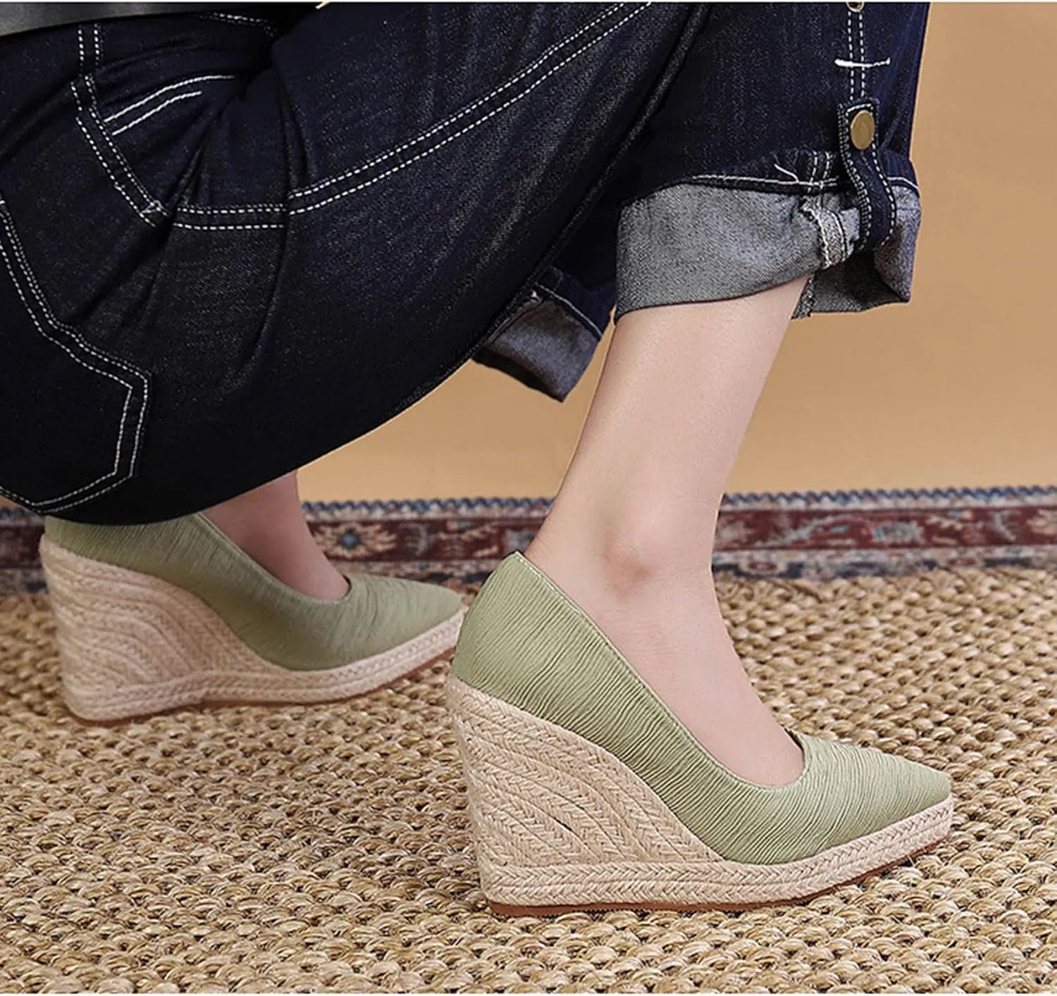 KOKOMOMO Womens Pointed Toe Espadrille Wedges Faux Suede Platform Pumps
