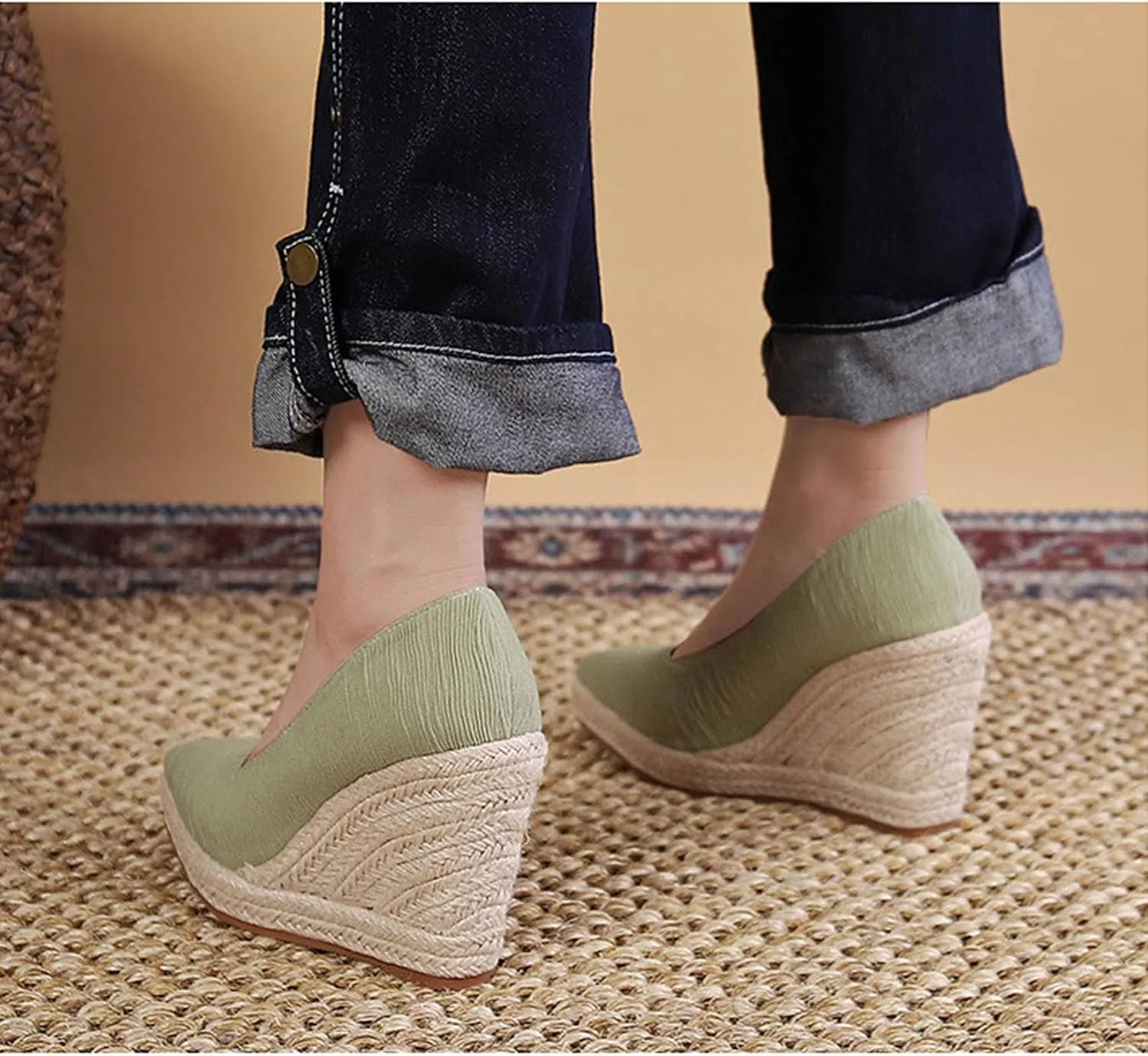KOKOMOMO Womens Pointed Toe Espadrille Wedges Faux Suede Platform Pumps