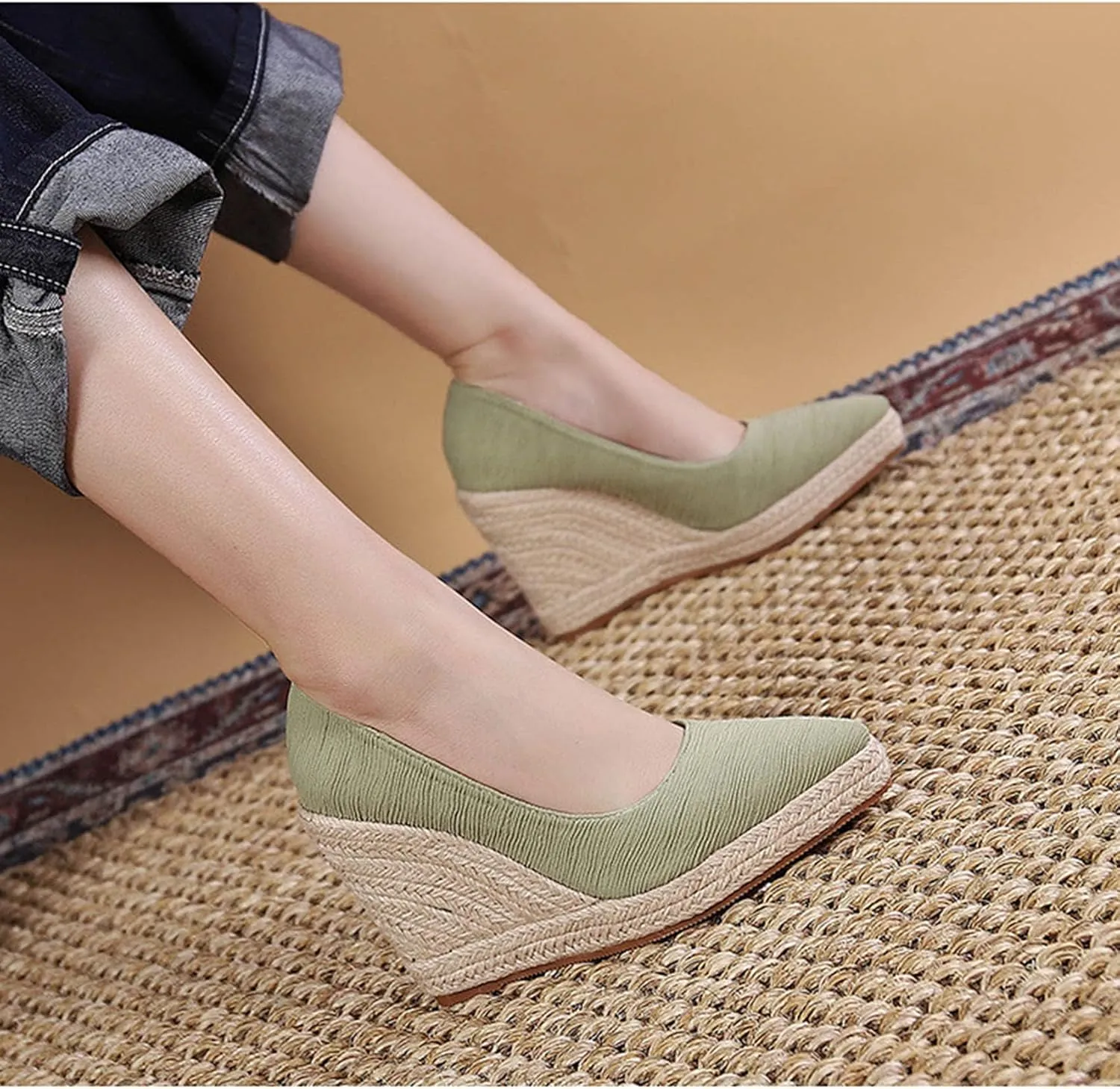 KOKOMOMO Womens Pointed Toe Espadrille Wedges Faux Suede Platform Pumps