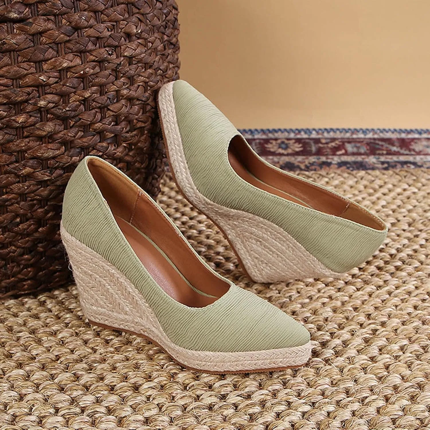 KOKOMOMO Womens Pointed Toe Espadrille Wedges Faux Suede Platform Pumps