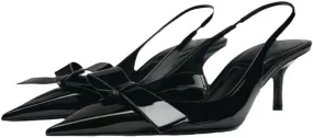 KOKOMOMO Womens Pointed Toe Slingback Heels Patent Leather Pumps Bow Heels