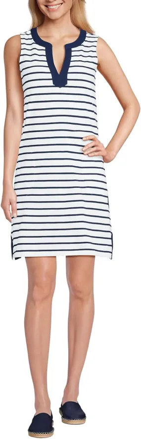 Lands' End Women's Cotton Jersey Notch Neck Dress with Soutache