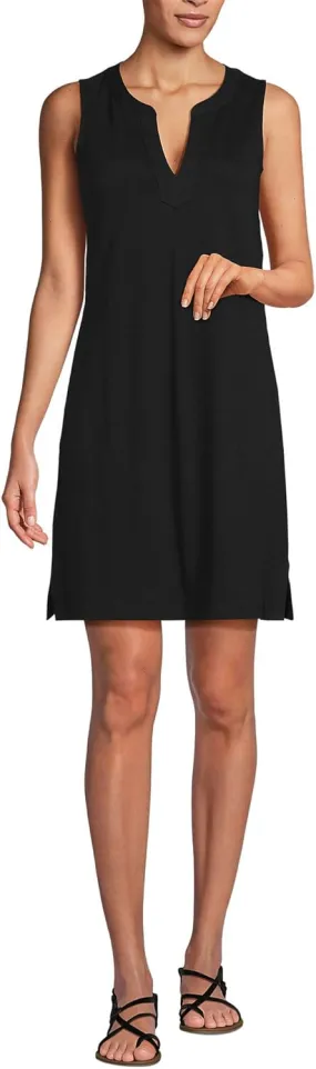 Lands' End Women's Cotton Jersey Notch Neck Dress with Soutache