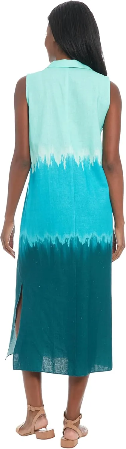 London Times Women's Sleeveless Ombre Sunset Linen Midi Collared Neckline with Side Slits-Summer Wedding Guest Dress