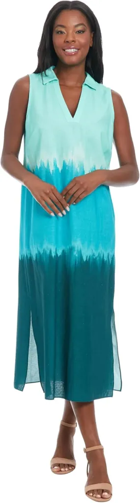 London Times Women's Sleeveless Ombre Sunset Linen Midi Collared Neckline with Side Slits-Summer Wedding Guest Dress