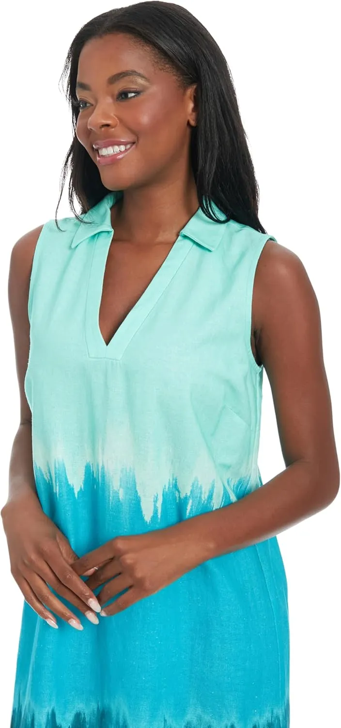 London Times Women's Sleeveless Ombre Sunset Linen Midi Collared Neckline with Side Slits-Summer Wedding Guest Dress