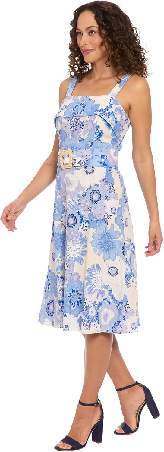 London Times Women's Square Neck Empire Waist Linen Rayon Midi Summer Adjustable Belt-Wedding Guest Dresses