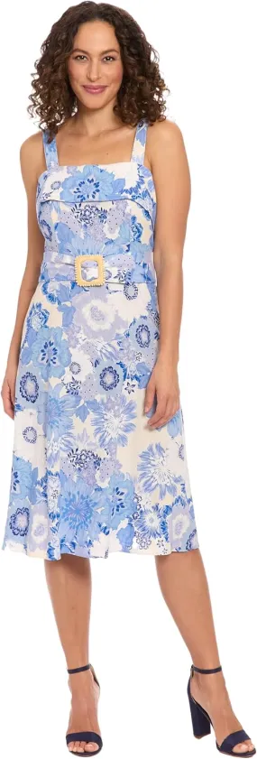 London Times Women's Square Neck Empire Waist Linen Rayon Midi Summer Adjustable Belt-Wedding Guest Dresses