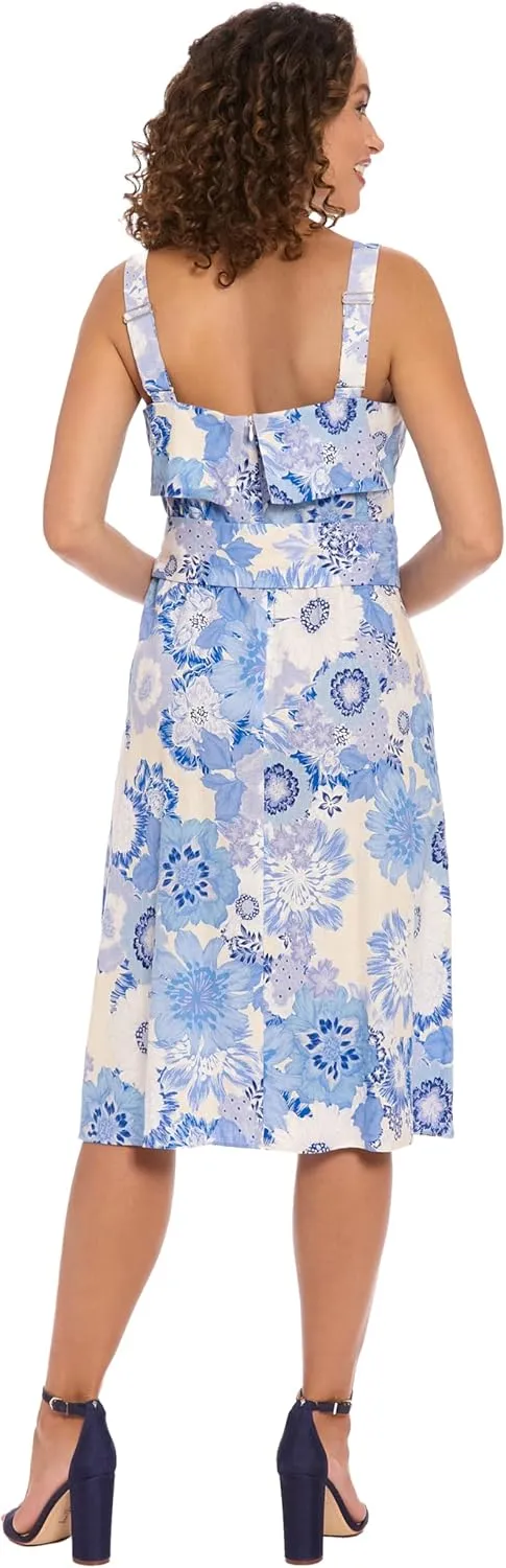 London Times Women's Square Neck Empire Waist Linen Rayon Midi Summer Adjustable Belt-Wedding Guest Dresses