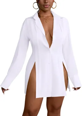 LYANER Women's Button Down Shirt Dress Collar V Neck Long Sleeve Slit Sexy Shirt Dresses
