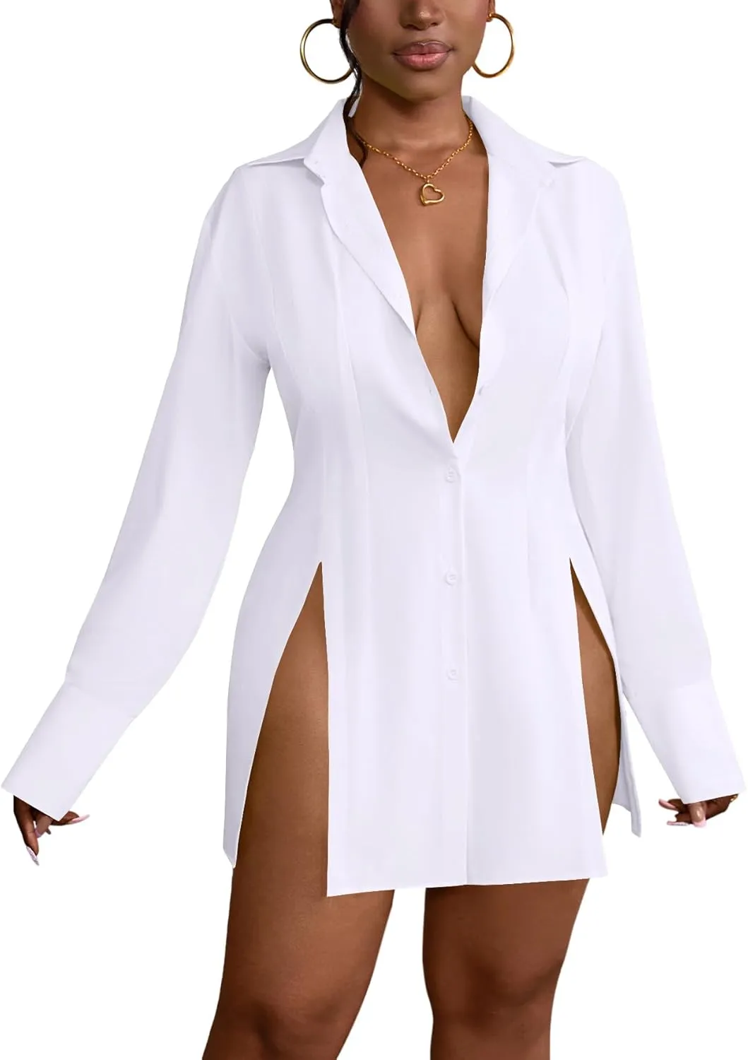 LYANER Women's Button Down Shirt Dress Collar V Neck Long Sleeve Slit Sexy Shirt Dresses