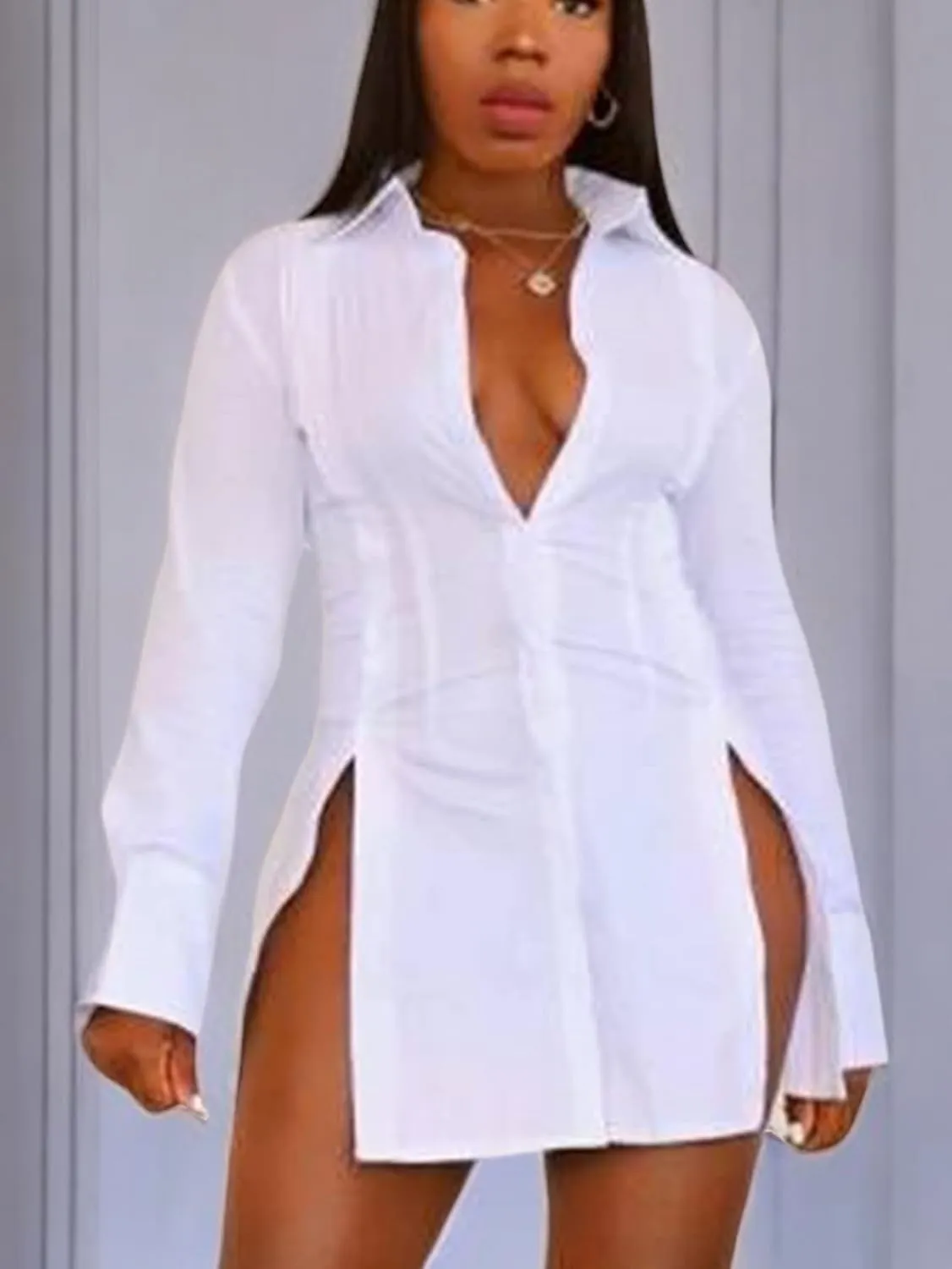 LYANER Women's Button Down Shirt Dress Collar V Neck Long Sleeve Slit Sexy Shirt Dresses
