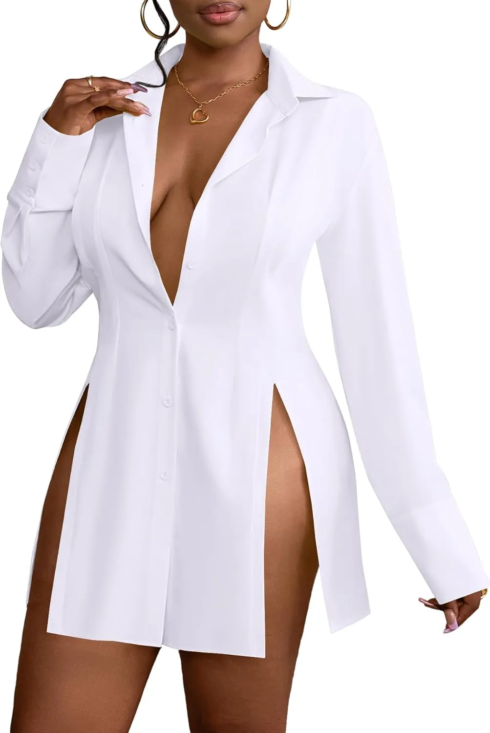 LYANER Women's Button Down Shirt Dress Collar V Neck Long Sleeve Slit Sexy Shirt Dresses