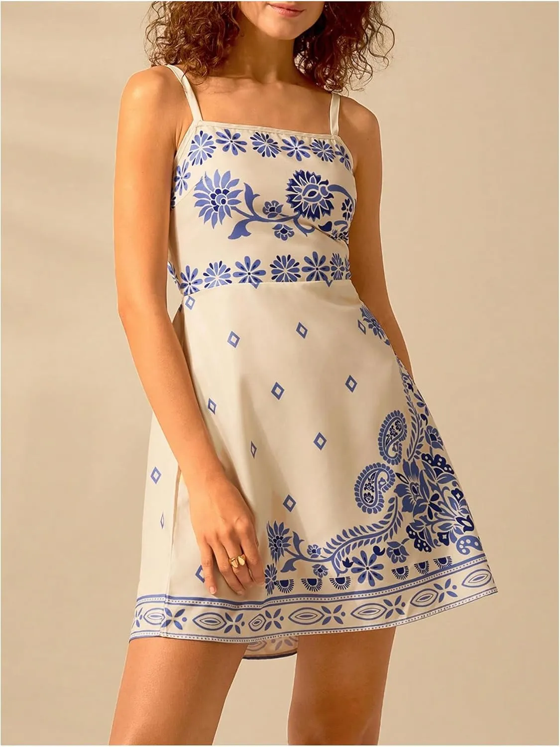 MakeMeChic Women's Floral Boho Dress Sleeveless Vacation Mini Short Dress Tie Backless Sundress