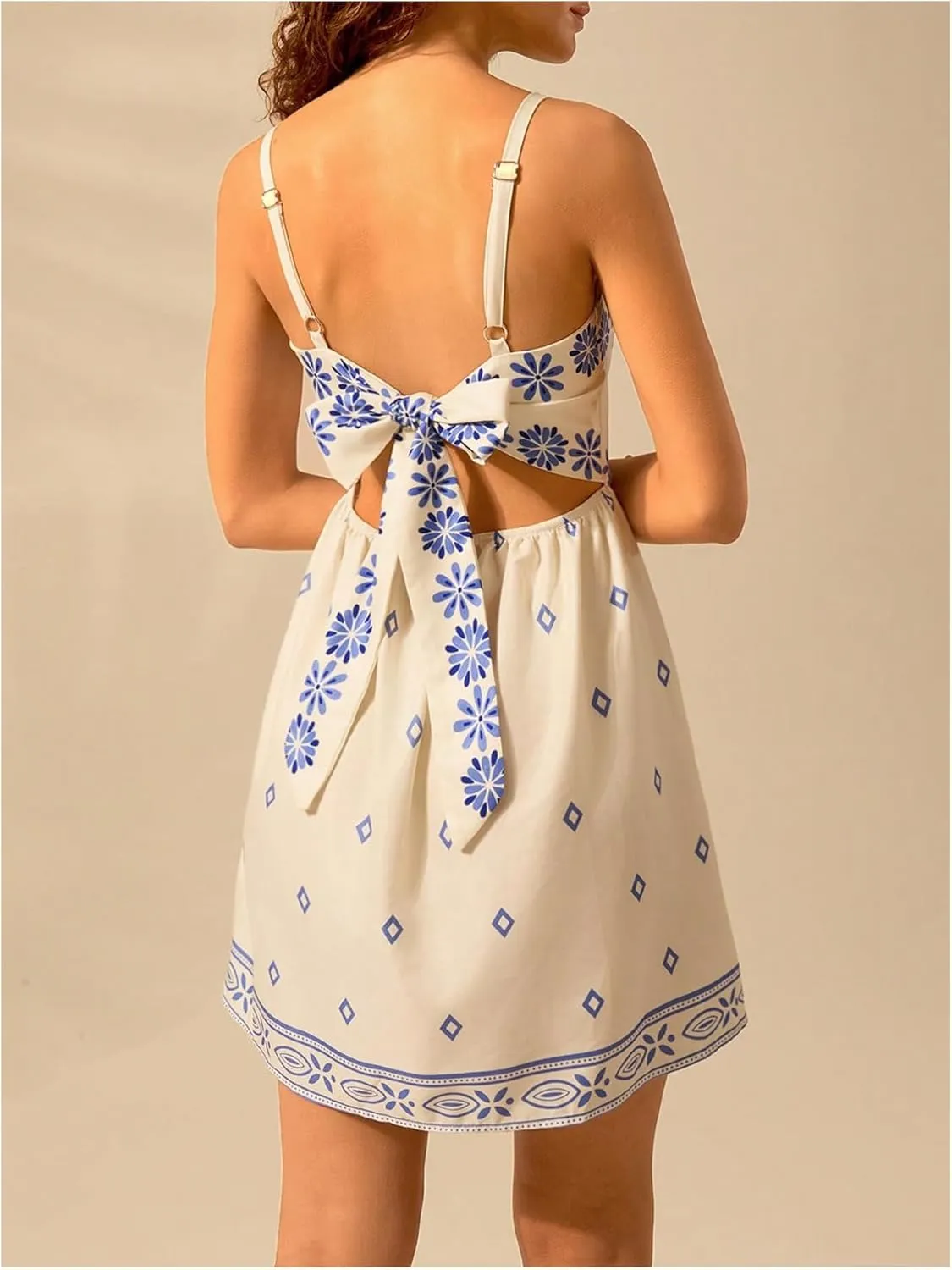 MakeMeChic Women's Floral Boho Dress Sleeveless Vacation Mini Short Dress Tie Backless Sundress