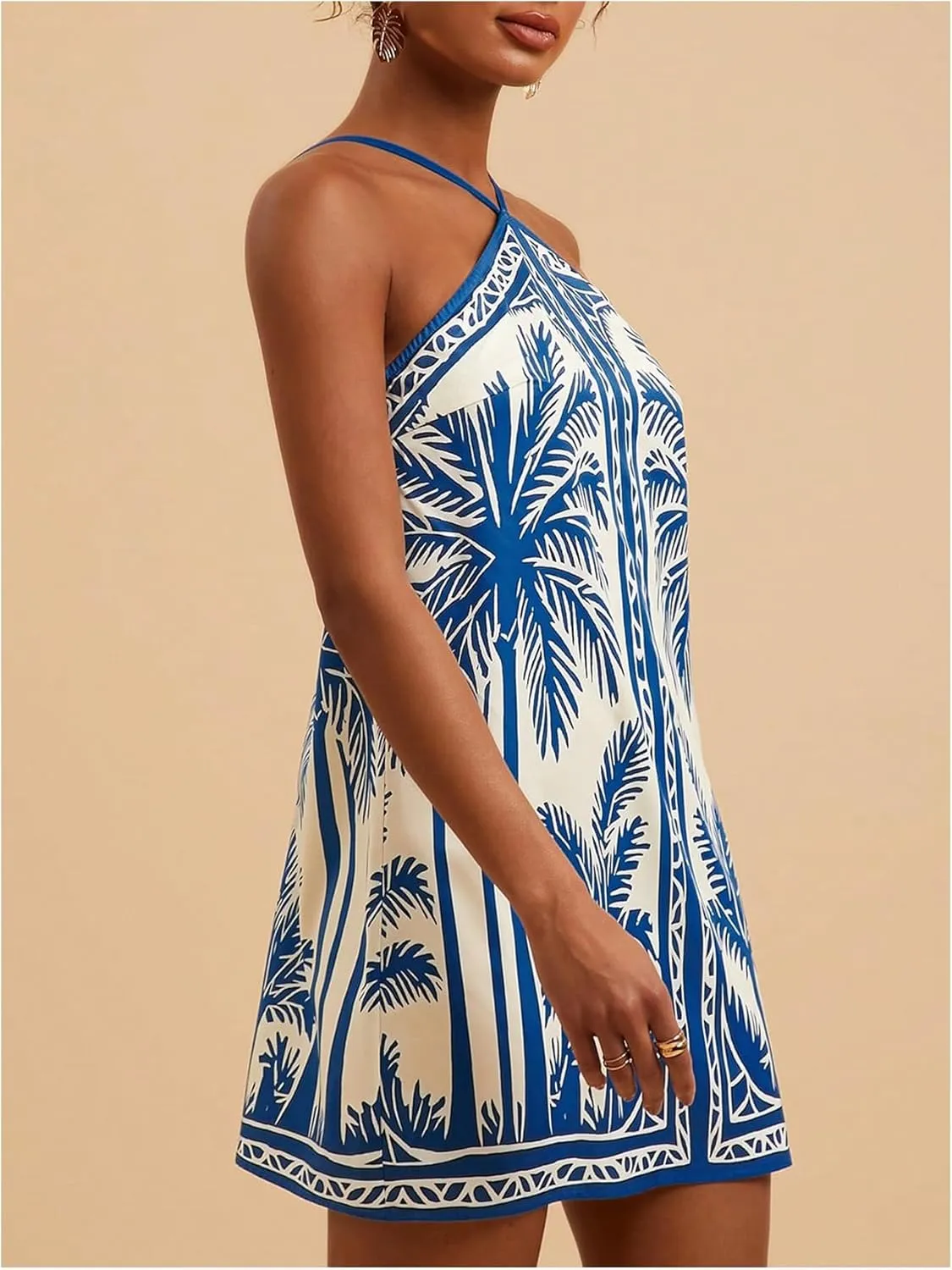 MakeMeChic Women's Tropical Print Halter Dress Tie Backless Spaghetti Strap Boho Short Dresses